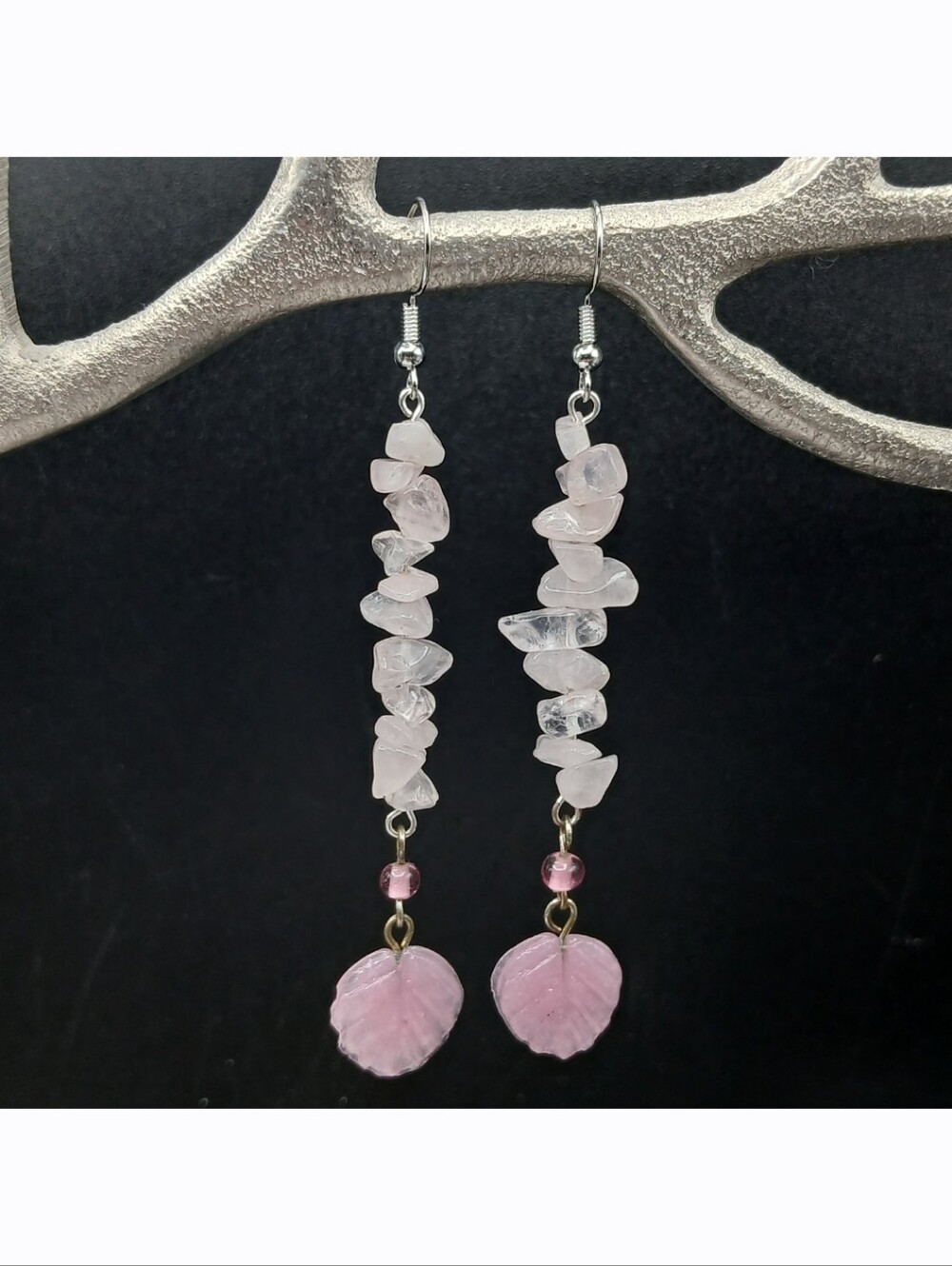 Handmade Rose Quartz Semi-Precious Stone Glass Floral Bead Dangled Earrings
